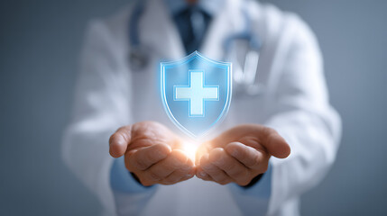 Doctor holding glowing medical shield healthcare cross