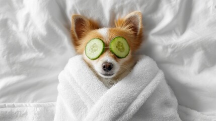 Cute chihuahua dog with cucumber slices on eyes, wrapped in a white towel on bed, relaxing at a spa day. Funny pet care concept for animal relaxation.