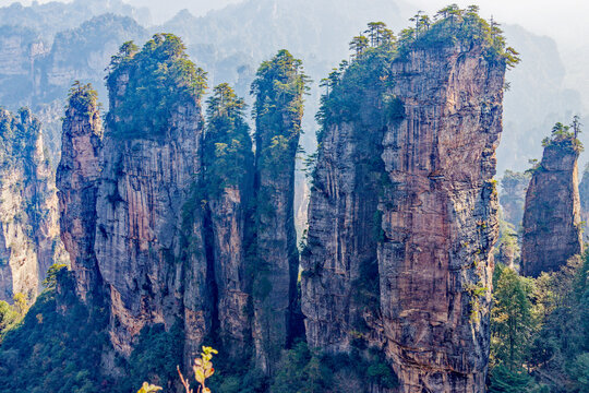 Natural quartz sandstone columns from the Tianzi Mountains (Avatars Mountains) in Zhangjiajie National Forest Park in Hunan, China.