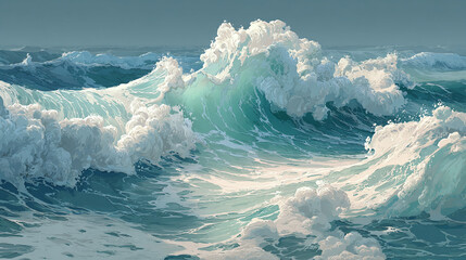 The power of the ocean in motion. Capturing the essence of a powerful wave. The image shows the ocean with vibrant colors and turbulent waves. The wave crests are white.