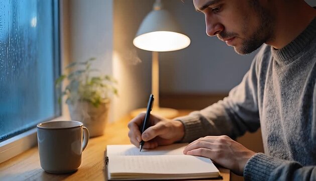Rainy day journaling and coffee, reflective mood, peaceful writing by the window, cozy indoors, notebook, pen.
