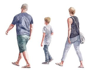 Hand-Painted Watercolor Illustration of the Back View of a Family Walking Together, People Illustration Set on White or Transparent Background for Architectural Presentation