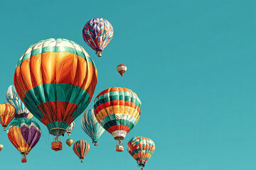 A vibrant flock of hot air balloons ascends into the clear blue sky showcasing their colorful patterns and adventurous spirit
