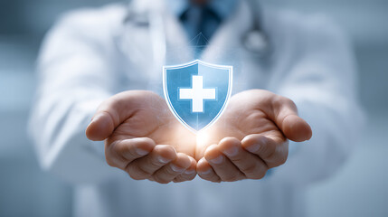 Doctor holding protective shield with cross hands medical