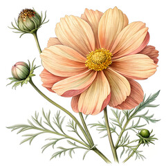 Delicate peach cosmos flower with buds and leaves a beautiful botanical illustration for spring or summer floral design isolated on white