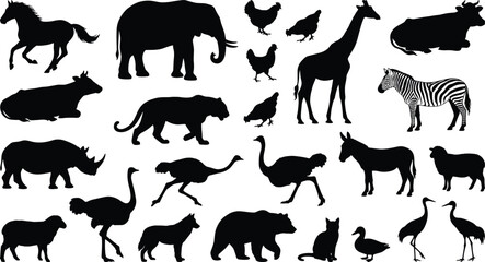 Set of various wild and domestic animal silhouettes, safari, farm, wildlife, horse, elephant, cow, giraffe, bear, bird, vector.