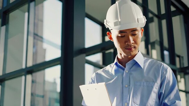 asian male engineer wearing safety helmet and uniform, holding a document folder, standing in modern building with bright natural light