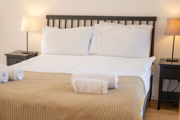 Comfortable white Family Bed for Restful Nights, Peaceful Sleep in Spacious Bed, bright room, Cozy Beds in Hotel, Serene Sleep Haven, Soft Hotel Pillows and Bedding, comfortable stay