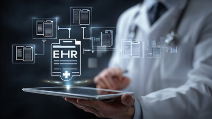 Doctor holding tablet displaying electronic health records lab coat