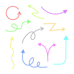 Colorful hand-drawn doodle arrows. Vector elements set. 