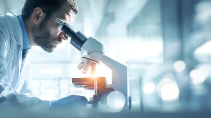 Scientist Examining Sample Under Microscope in Modern Laboratory.