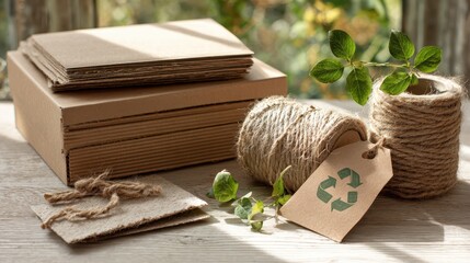 Close-up of recyclable packaging materials on a light wooden desk