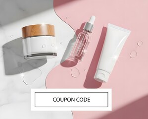 Beauty products with coupon code on pink and white background
