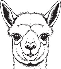 Naklejka premium Llama face, detailed black and white illustration of South American animal