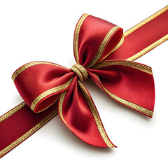 Elegant red satin ribbon bow with gold trim perfect for gift wrapping holiday decoration and festive celebrations isolated on white