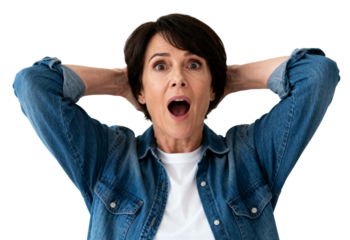 [Transparent Background PNG]Woman with Short Hair and Denim Jacket Looks Surprised