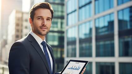 Businessman holding tablet with financial graphs in front of modern office building