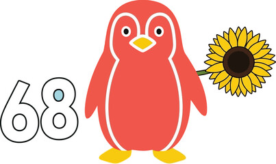 Obraz premium Cute Red Penguin Holding a Sunflower Next to the Number 68.