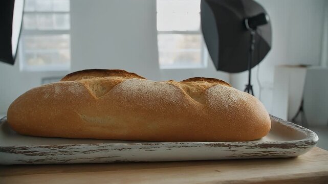 Freshly baked artisan bread loaf resting on a rustic wooden tray in a well-lit studio environment, ready for a professional food photography session