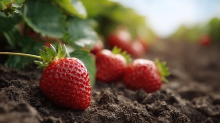 Fresh ripe strawberry with green leaves on dark soil in a garden field. Organic fruit concept for healthy eating and summer harvest.