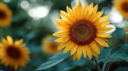 Obraz premium Close up of a vibrant yellow sunflower in a field with green leaves and bokeh background, representing natures beauty and summer bloom.