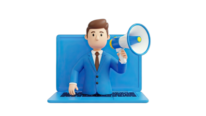 Businessman Announcing Through Megaphone on Laptop Screen
