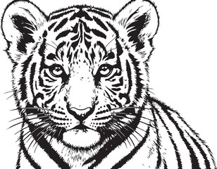 Tiger cub portrait, wild animal drawing, black and white line art, majestic creature sketch