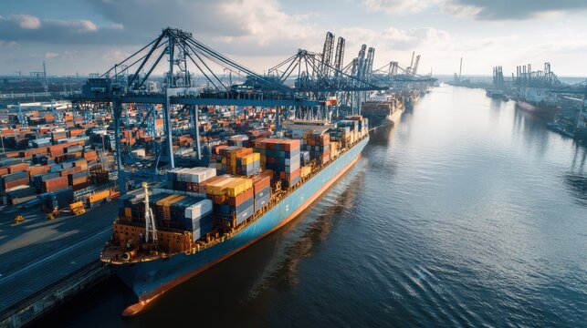 Container ship unloading at a busy deep-sea port with gantry cranes and stacked cargo containers