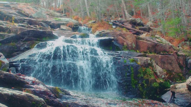 A scenic footage of Glendale Falls, a stunning 160-foot cascade chain and one of Massachusetts' tallest waterfall runs, located in Middlefield.
