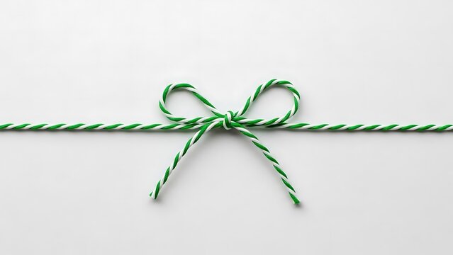 A simple green and white string bow tied in the center of a white background