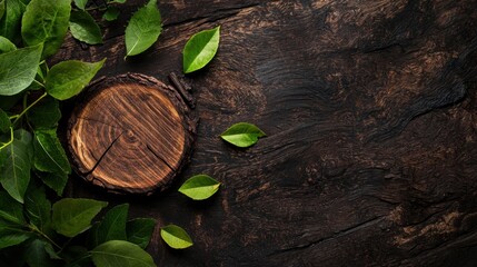 Fototapeta premium Natural elements on a rustic wooden background featuring green leaves and a wooden slice