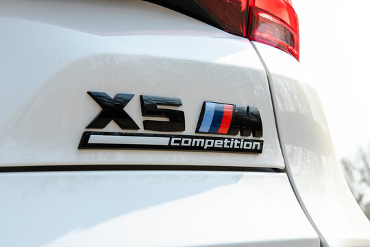 February 10, 2022, Seoul, South Korea - A close-up of the X5 M Competition emblem on the rear of a white BMW X5 M Competition.