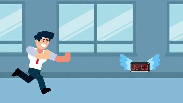 A businessman runs after a flying digital alarm clock showing 09:00, symbolizing the pursuit of time, deadlines, punctuality, or time management in a business or office environment. The concept repres