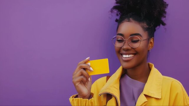 A cheerful woman in a vibrant purple background showing a bright yellow object. She's wearing glasses and a colorful jacket. Perfect for positive, friendly, or educational content.