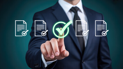 Businessperson selecting approved document icon with glowing green checkmark in digital interface