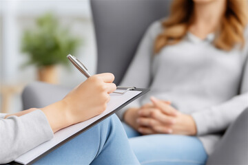 Closeup of therapist taking notes on clipboard during counseling session with client in soft focus. Mental health support, consultation, diagnosis, and empathetic care.