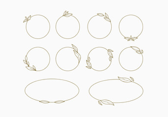 Elegant minimalist Botanical Leaf Circle and Oval Frame Set line art