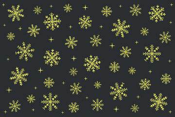 Winter background with yellow snowflakes on a gray background. Festive background with pixel snowflakes.