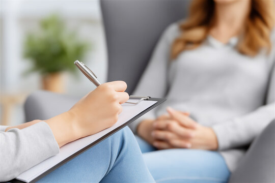 Closeup of therapist taking notes on clipboard during counseling session with client in soft focus. Mental health support, consultation, diagnosis, and empathetic care. - Powered by Adobe