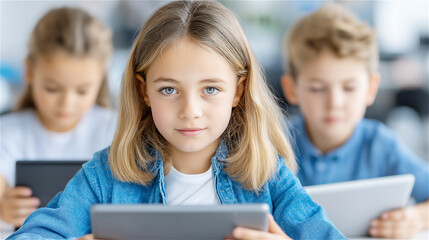 Schoolchildren using digital tablets in classroom, girl focused on screen with classmates blurred behind. Education technology, e-learning and modern study concept with copy space.