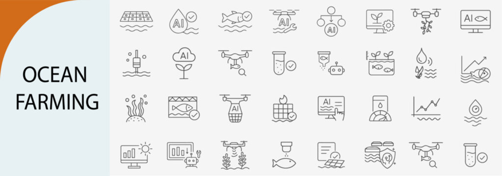 ocean farming icon set with aquaculture and environmental monitoring, minimal line vector design