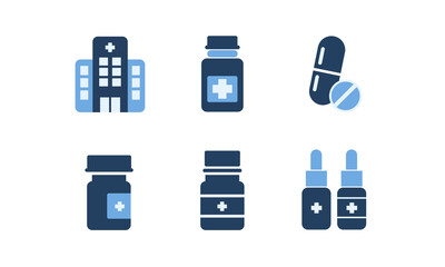 Medical and Pharmaceutical Vector Icon Set - Hospital Building, Medicine Bottle, Capsule, Pill, and Dropper Bottles in Modern Flat Style