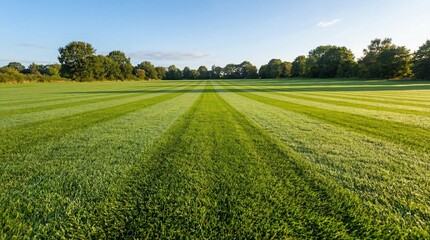  Beautiful green grass field with perfectly mowed stripes under a clear blue sky