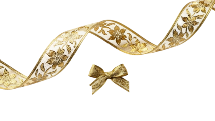 White ribbon with gold floral pattern and gold bow on black image