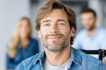 Fototapeta premium Friendly middle aged man smiling in an office with colleagues blurred behind, conveying leadership, trust and approachable professionalism for corporate and team branding.