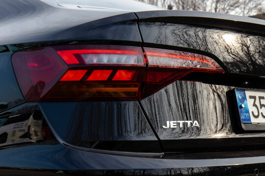 January 23, 2022, Seoul, South Korea - A close-up of the rear taillight and trunk of a black Volkswagen Jetta sedan.