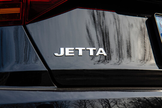 January 23, 2022, Seoul, South Korea - A close-up of the Jetta logo on the trunk of a black Volkswagen car.