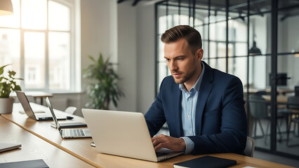 Businessman working on laptop in modern office