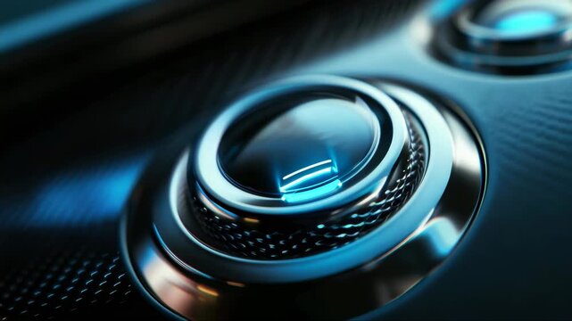A close-up of a futuristic knob or button with illuminated blue rings and dots