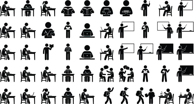 Collection of black and white stick figure icons depicting various educational activities like studying teaching presenting and collaborating in a classroom setting